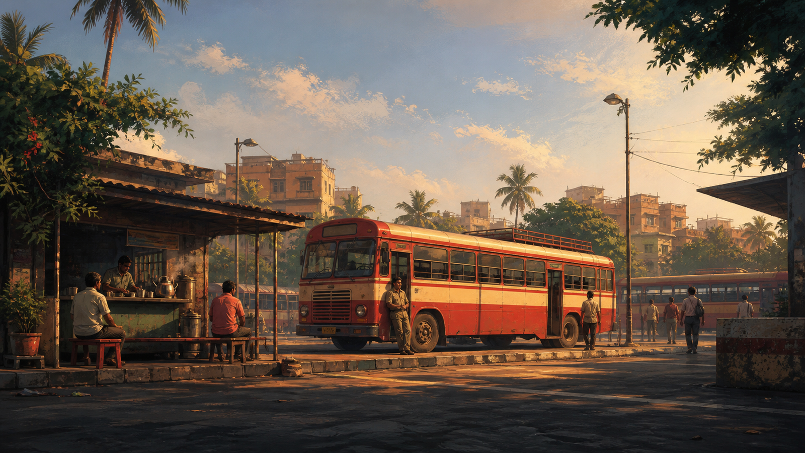 Illustrated city bus stand at golden hour